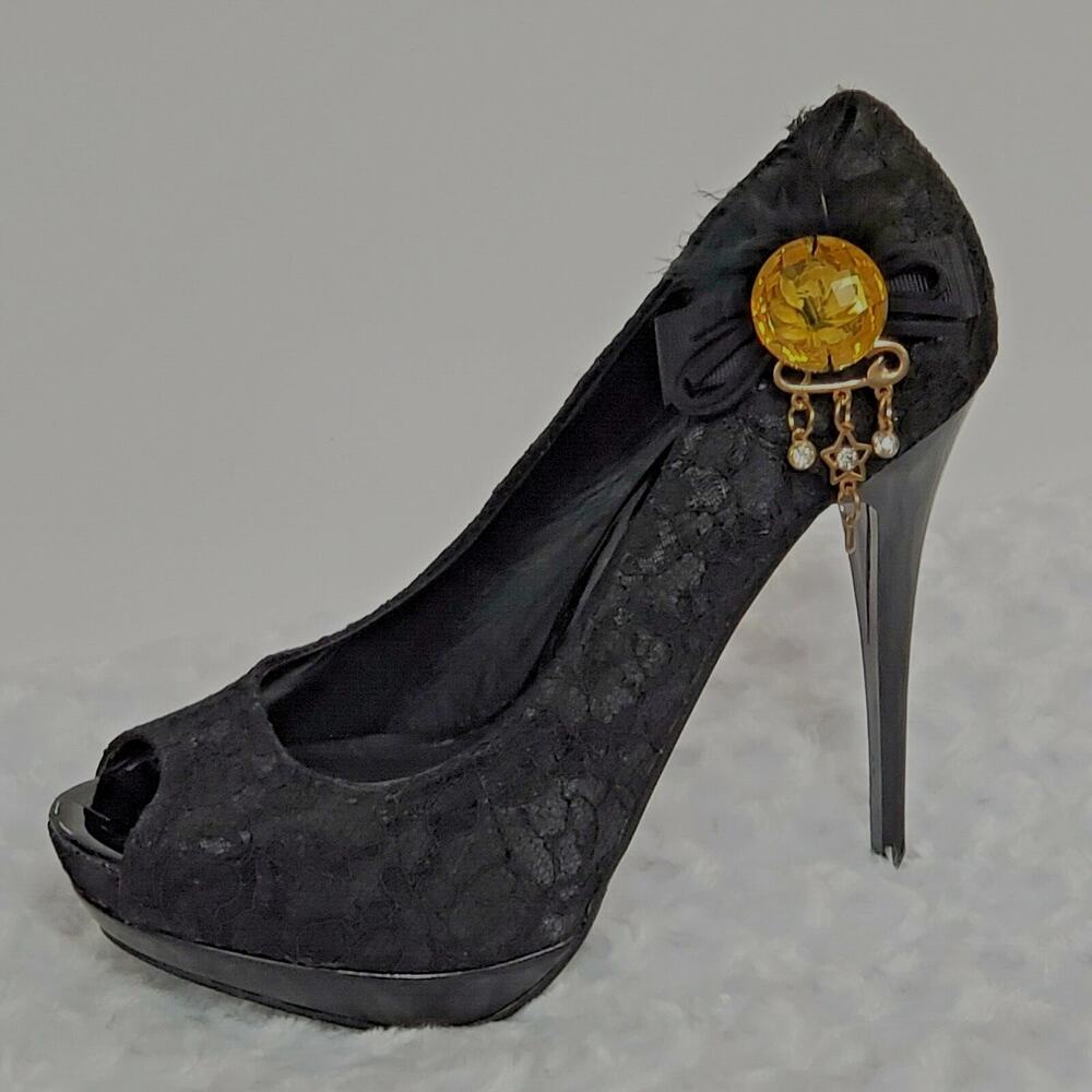 Two 2 Lips Too Womens 9 Pumps Black Peep Toe Lace Jewel Feathers Party Stiletto